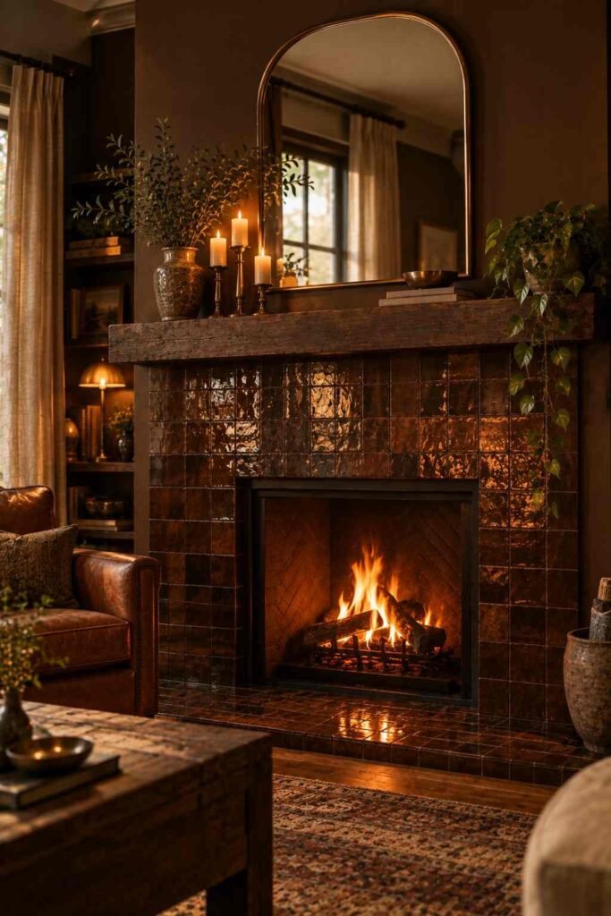 Glossy brown tile fireplace surround with a lit fire in a living room.