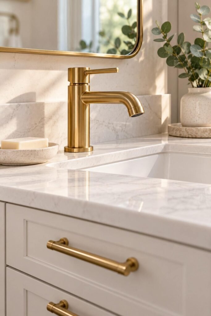 Brushed brass bathroom faucet and matching drawer pulls on a white vanity.