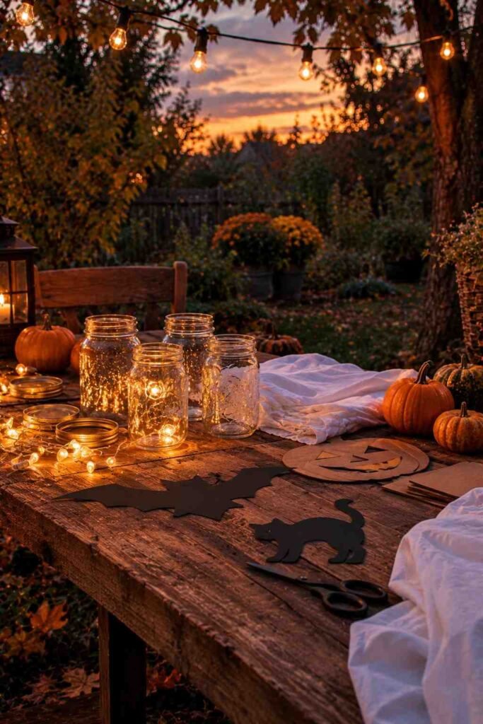 DIY supplies for budget outdoor decorations Halloween, including jars, sheets, cardboard, and LED lights