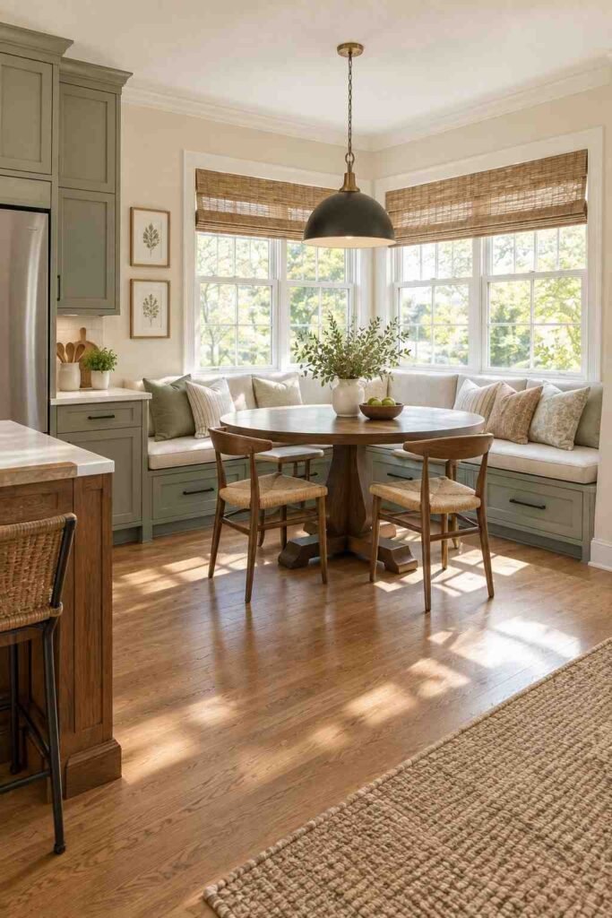 Built-in banquette dining nook with storage drawers beside a kitchen window
