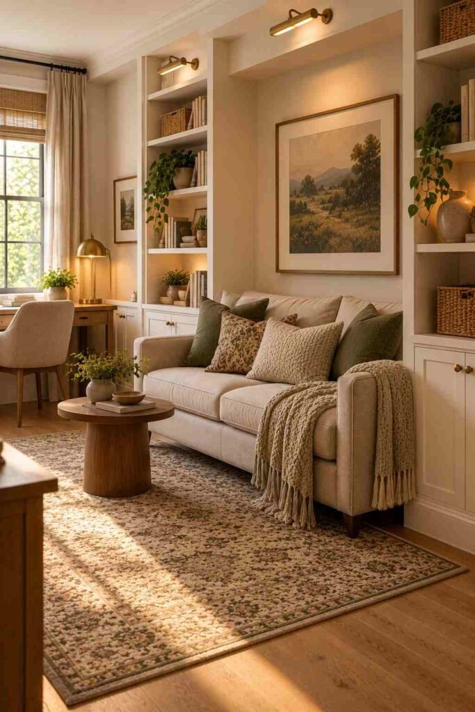 Built-in bookcases framing a couch alcove in a home office