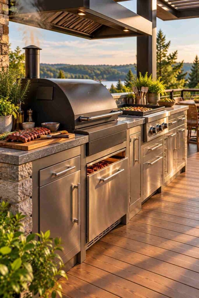30 Outdoor Kitchen Ideas on Deck: Smart Layouts, Materials for Small, Mid-Size, and Large Spaces 16 Built-in pellet smoker and flat-top griddle in a deck kitchen island.