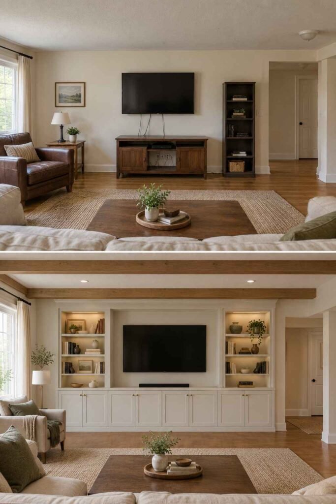 Home Remodeling Before and After: 28 Room-by-Room Transformations 11 Living room media wall before and after custom built-in shelves and wood ceiling beams.