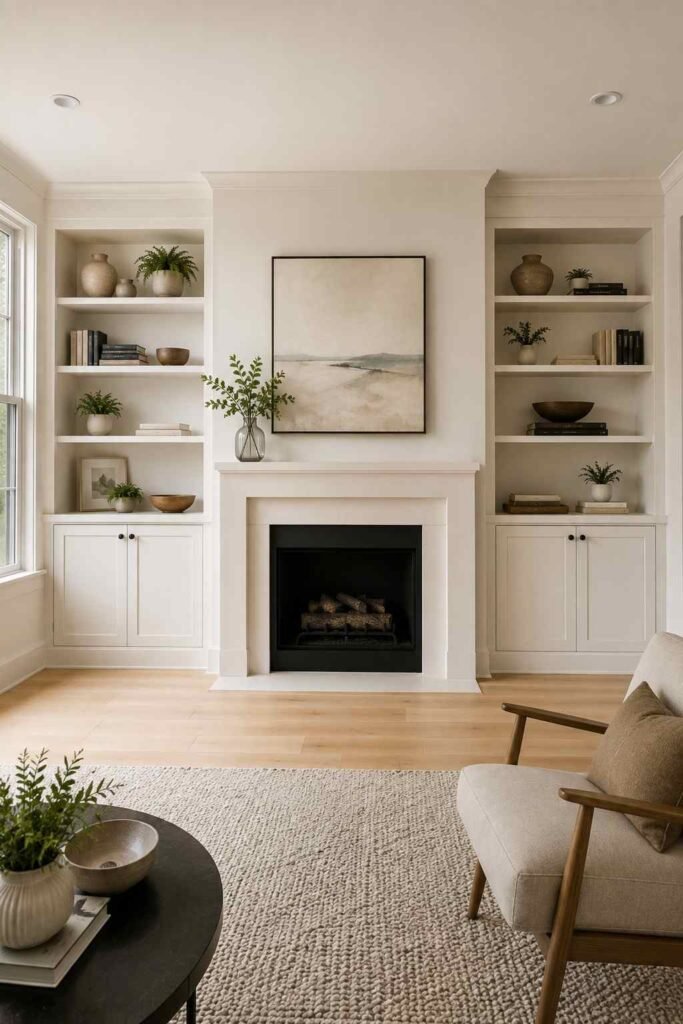 25 Stunning Home Remodeling Living Room Ideas to Refresh Your Space 4 Fireplace flanked by painted built-in cabinets and open shelves styled with books and ceramics.
