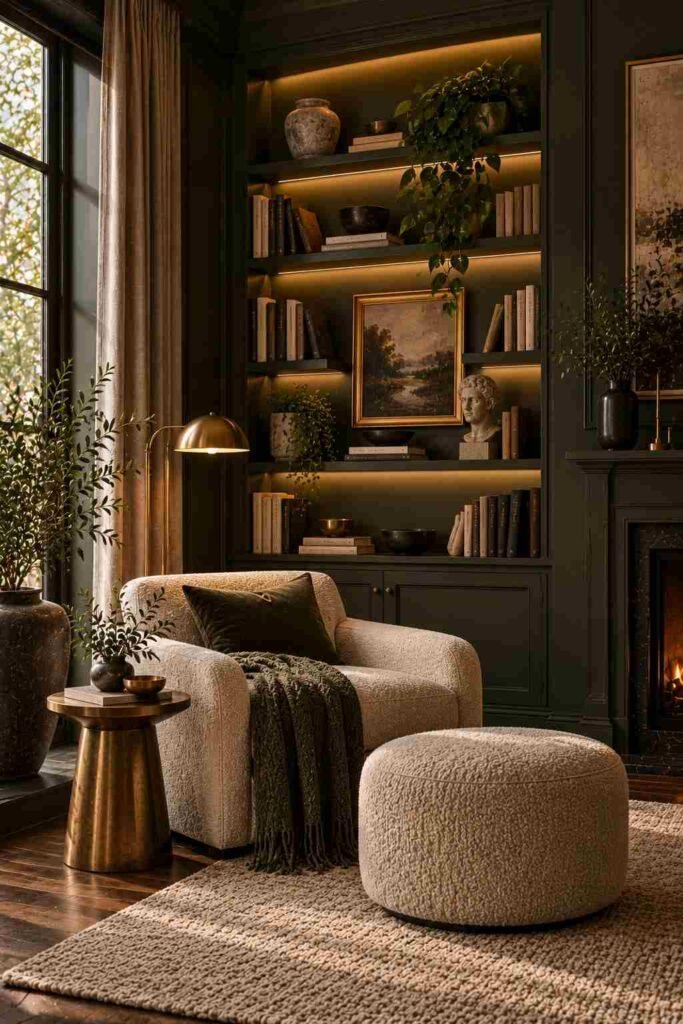 Built-in shelves painted deep green with integrated lighting in a living room