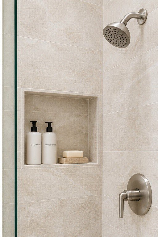 Recessed tiled shower niche holding shampoo bottles and soap beside steel shower fixtures