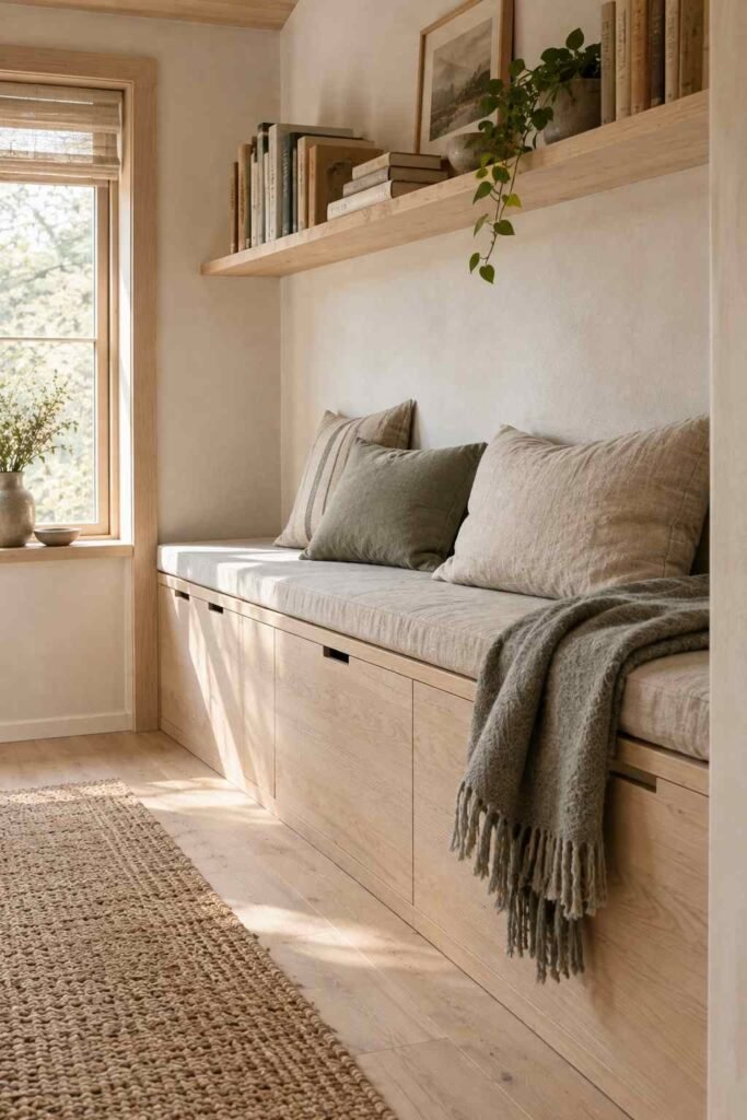 Built-in wooden storage bench with cushions and blanket in a compact shed interior.