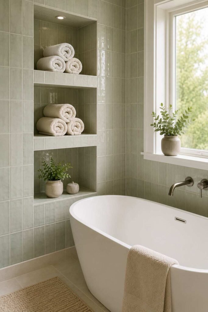 27 Bathroom Storage Ideas For Towels That Fit Into Tiny Powder Rooms to Primary Baths 18 Tiled built-in shelves beside a bathtub holding rolled towels.
