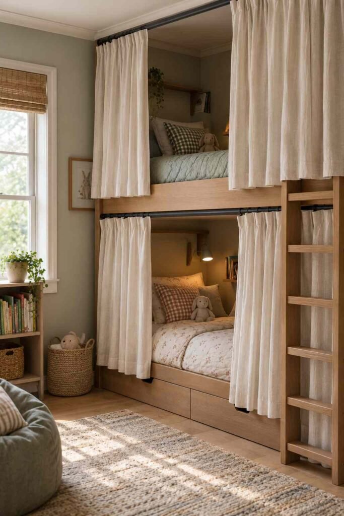 Bunk bed with light curtains forming private nooks in a shared kids' room.