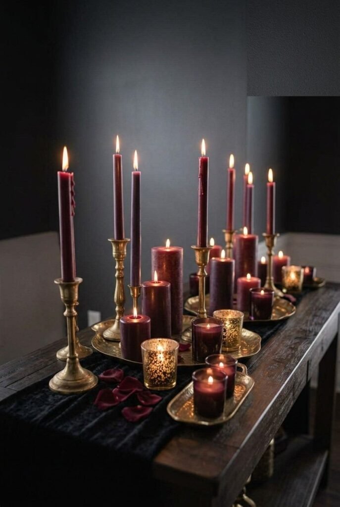 Luxury Halloween Dining Room Decor Ideas: 30 Ways to Style a Dark, Elegant Table 11 Cluster of burgundy and plum candles on a console for Halloween decor