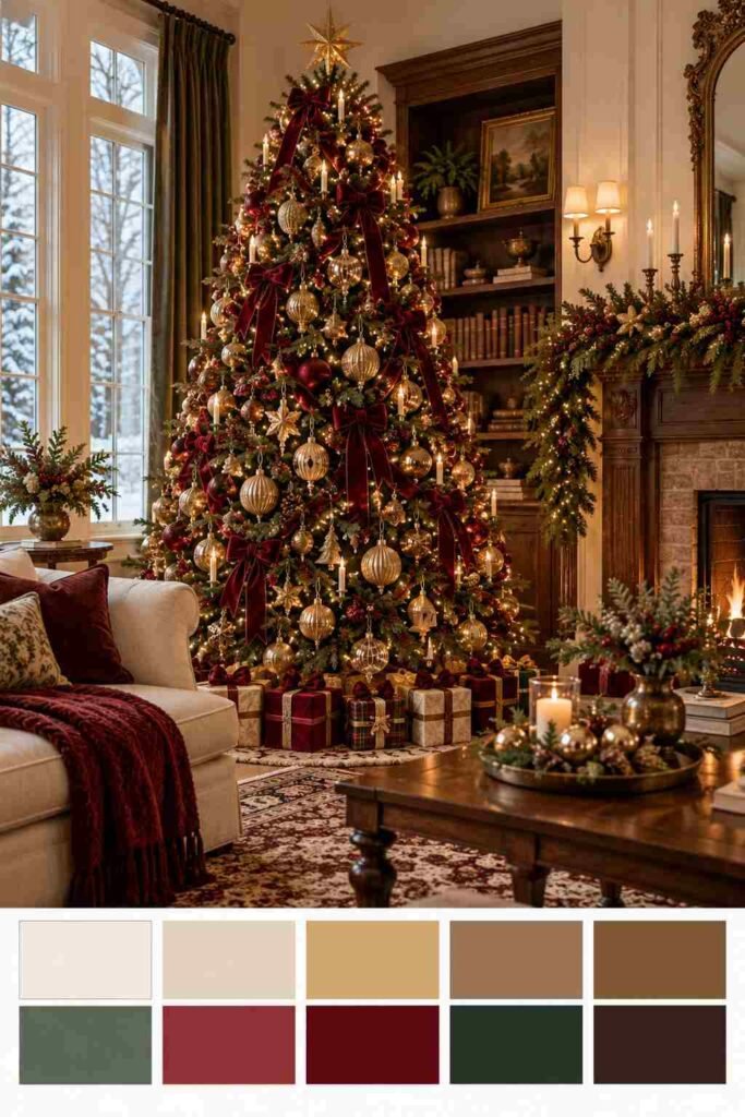 Burgundy velvet Christmas tree in a cozy living room with a color palette swatch strip below.