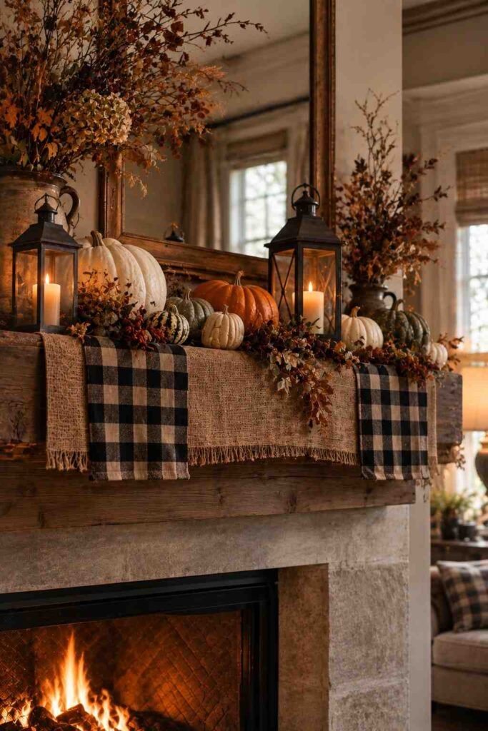 28 Halloween Mantel Decor Ideas: Spooky, Elegant and Family-Friendly Styles 15 Burlap and plaid runner under pumpkins and lanterns on a farmhouse mantel.