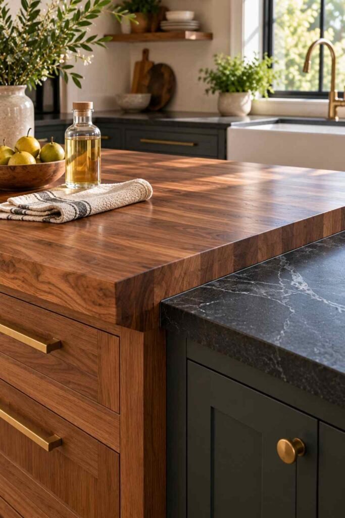 Walnut butcher block island beside dark soapstone countertops.