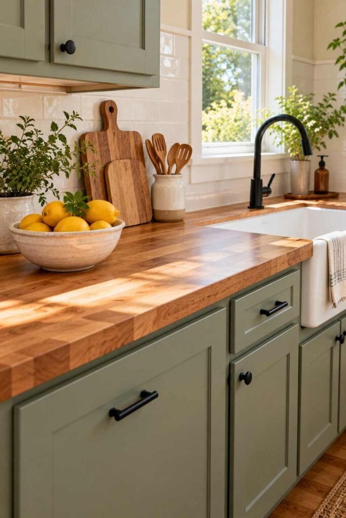 Butcher block countertop in a small budget kitchen with painted cabinets.