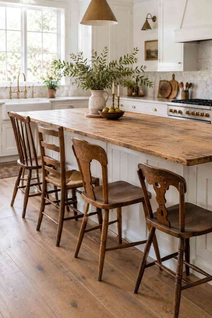 Pine island top with mismatched antique chairs in a white modern kitchen