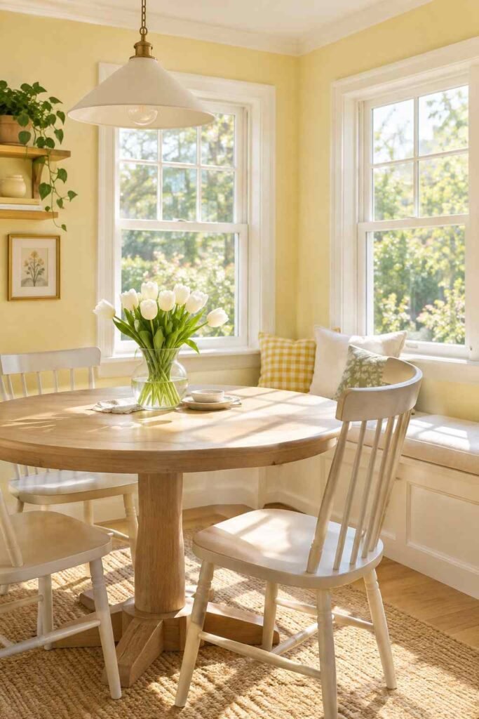 Breakfast nook with butter yellow walls, white trim and a pale wood table