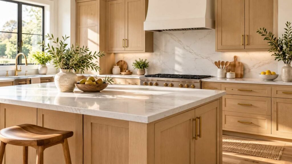 Bright kitchen with oak cabinets and white quartz counters, showing cabinet and countertop ideas for home remodeling