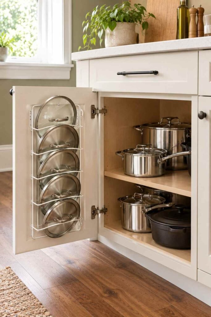 Inside of a cabinet door with a slim rack holding pot lids above stacked pots