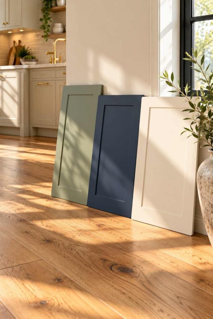 Large cabinet paint sample boards tested in natural kitchen light above an oak floor