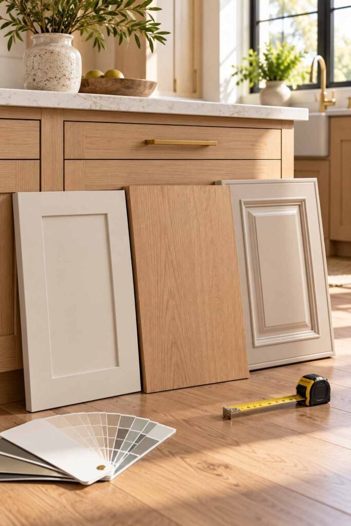 Three cabinet door samples compared before a refacing project.