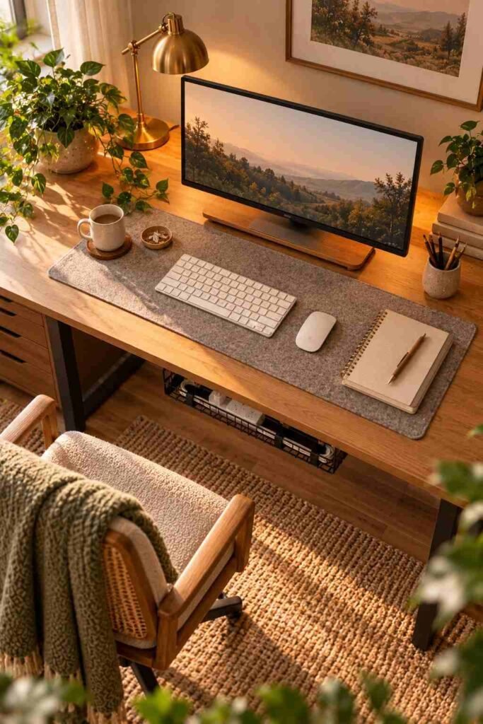 Tidy desk with felt desk mat and cable management tray