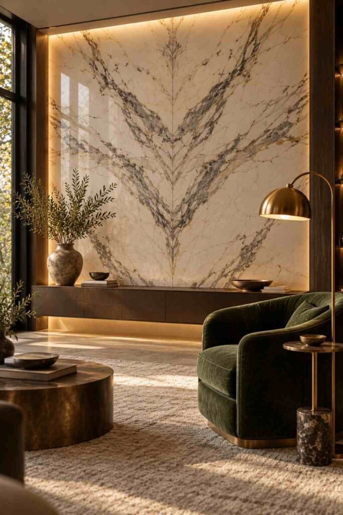 30 Luxury Wall Decor Ideas for Living Room Walls: Art, Texture, Mirrors & Lighting 10 Book-matched Calacatta marble accent wall behind a console in a luxury living room.