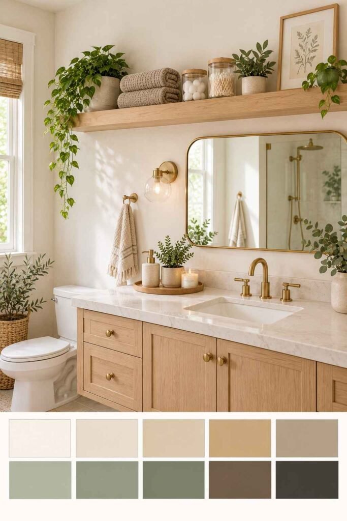 Calm bathroom with one long wood floating shelf and a 10-color warm spa palette strip.