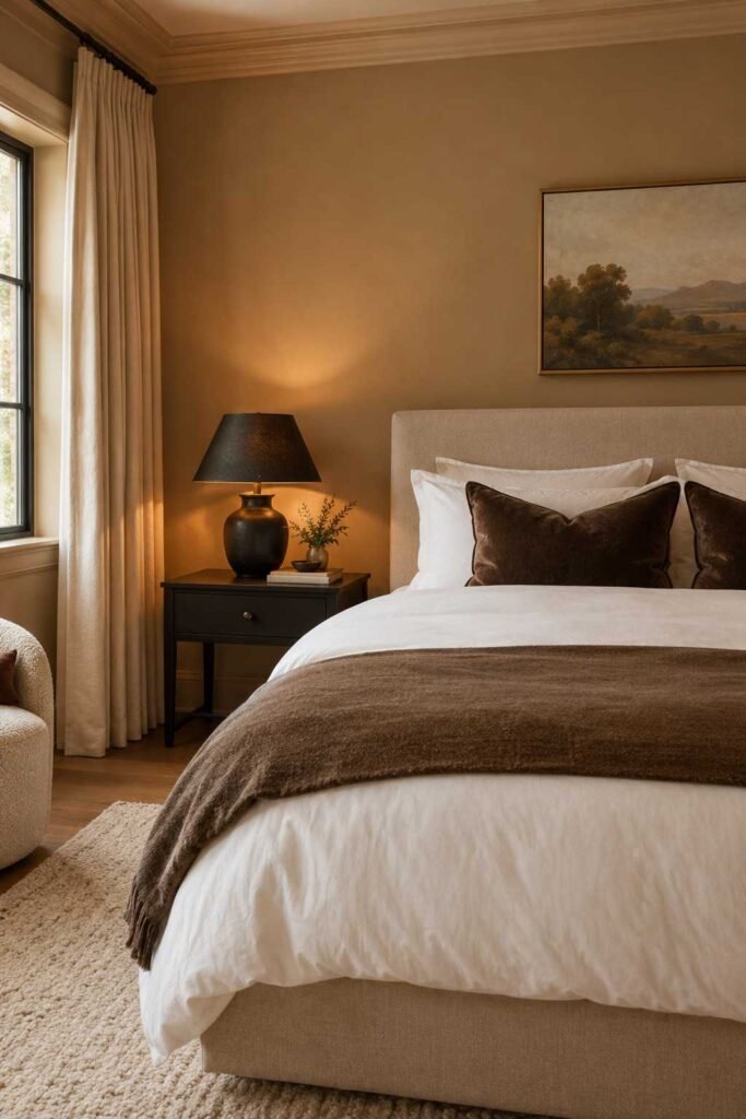 Camel bedroom wall with white sheets and chocolate velvet pillows.