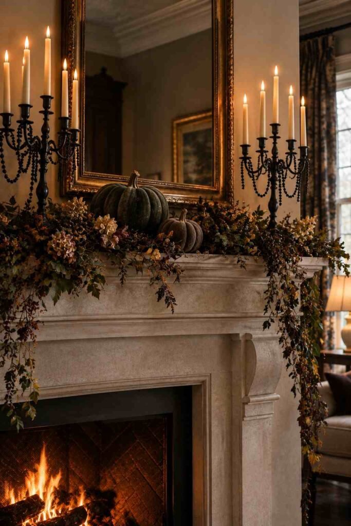 28 Halloween Mantel Decor Ideas: Spooky, Elegant and Family-Friendly Styles 11 Black candelabras with draped beads on a gothic stone mantel.