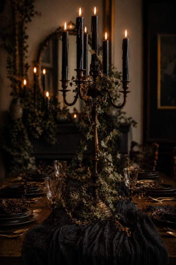 Ivy-wrapped candelabra on a dark linen runner with brass flatware