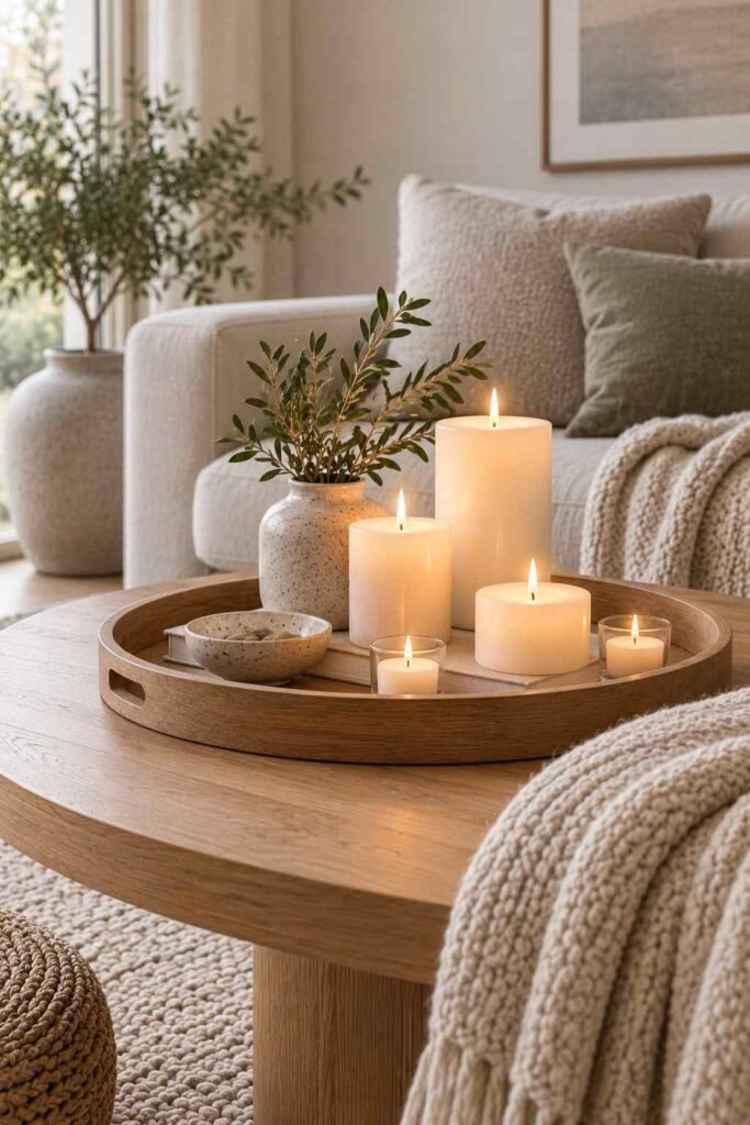 Group of white candles on a wooden tray in a hygge living room