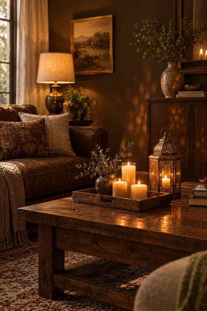 Candles and brass lantern on a wooden tray in a dark brown living room.