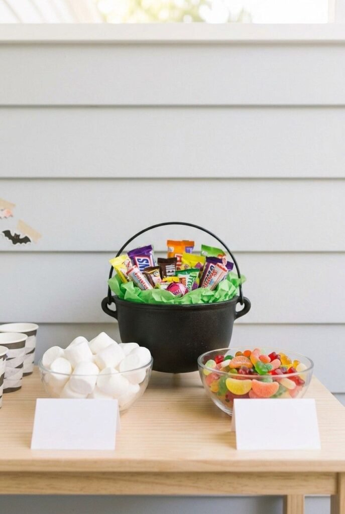 Candy cauldron centerpiece with folded snack label cards on a kids’ Halloween table.
