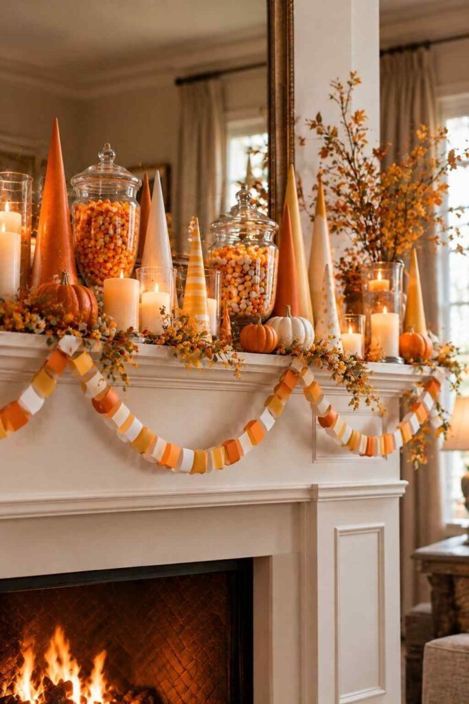 28 Halloween Mantel Decor Ideas: Spooky, Elegant and Family-Friendly Styles 17 Yellow, orange and white candy corn themed Halloween mantel.