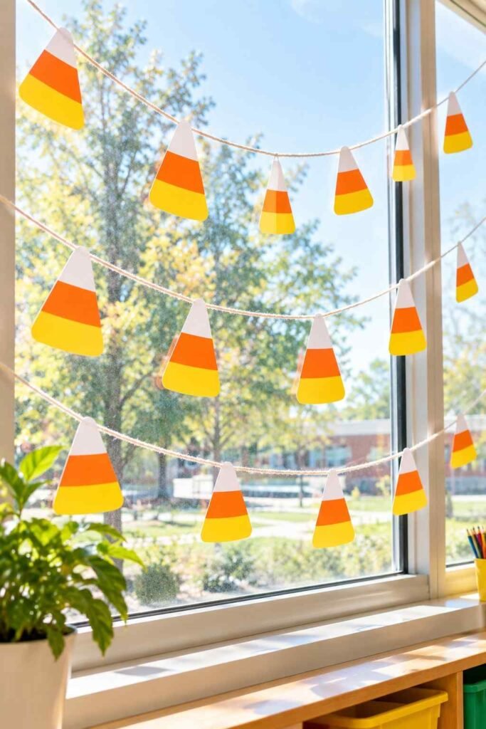 Paper candy corn garland in yellow, orange, and white hanging across a school window.