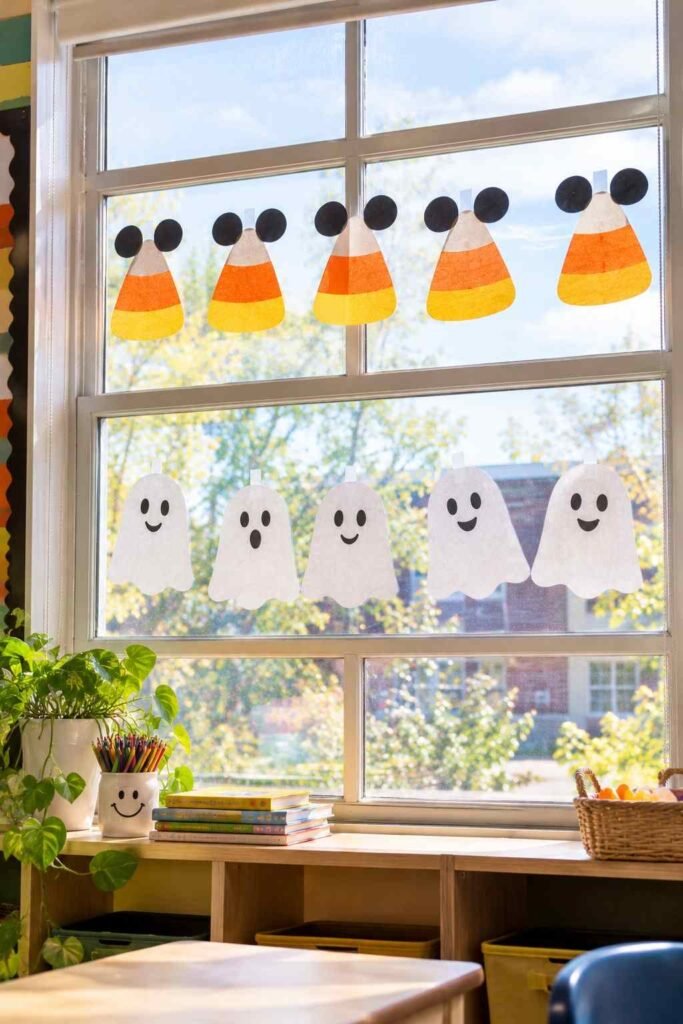 Candy corn shapes with round ears taped as a border across a window top.