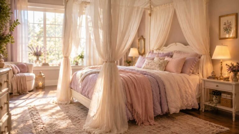 Pastel princess bedroom with sheer white canopy bed