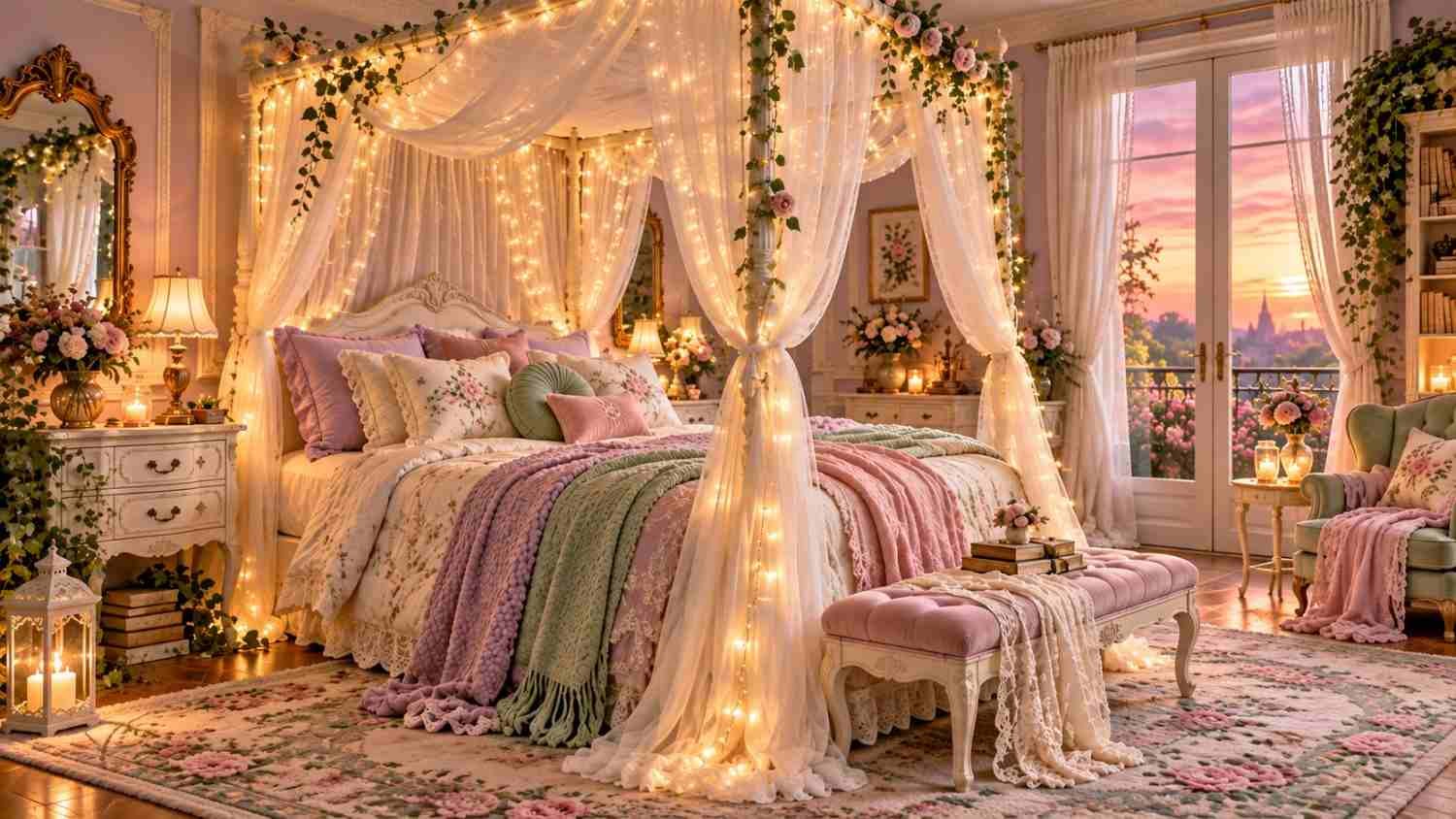 Canopy bed ideas for whimsical bedroom with sheer pastel drapes and fairy lights