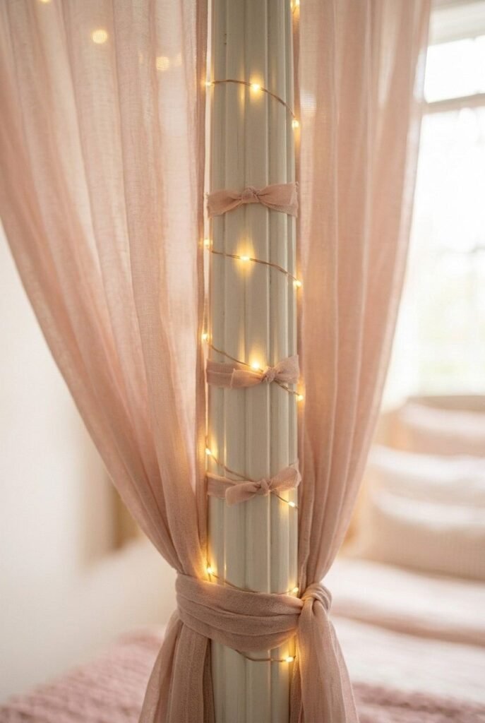 30 Canopy Bed Ideas for Princess Bedroom: Dreamy, Safe & Budget-Friendly 19 Close-up of canopy bed post with LED fairy lights and short secured fabric ties