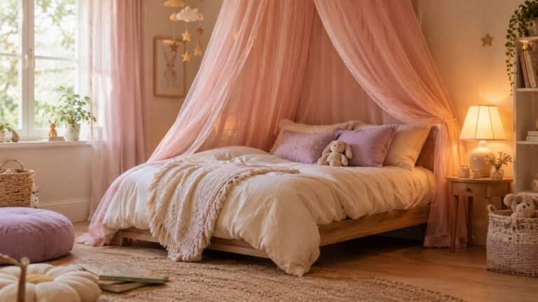 Blush pink canopy bedroom for kids with lavender pillows