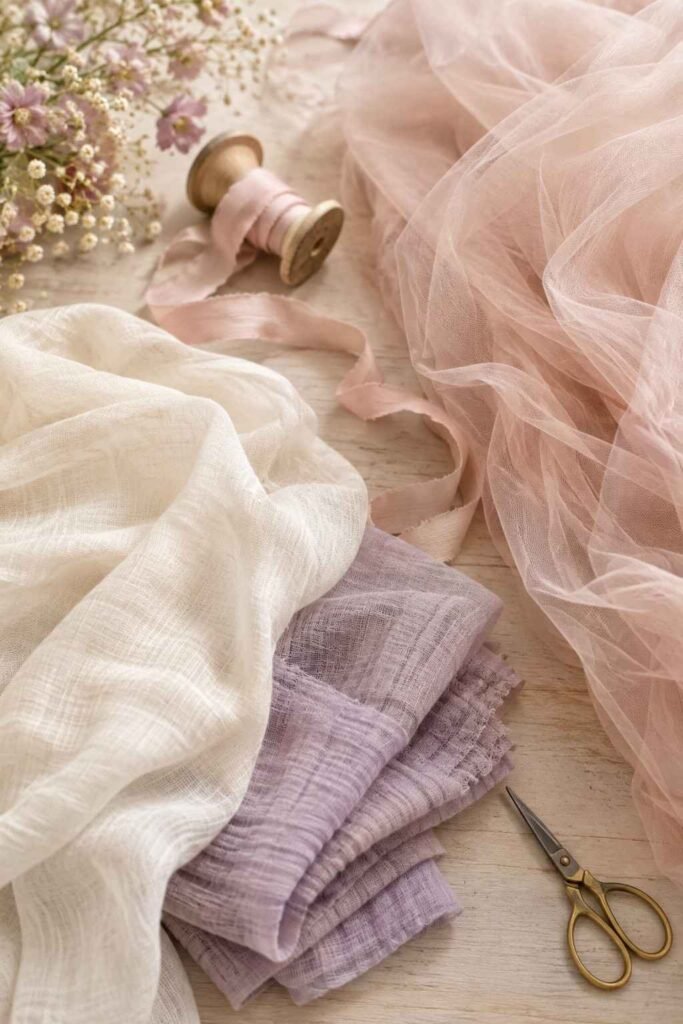 30 Canopy Bed Ideas for Princess Bedroom: Dreamy, Safe & Budget-Friendly 3 Cotton voile, muslin, and tulle fabric swatches for a princess canopy bed
