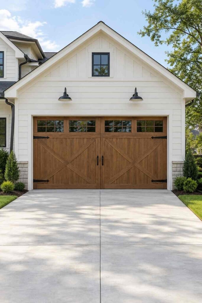 Wood-look carriage garage door with black hardware after an exterior remodel