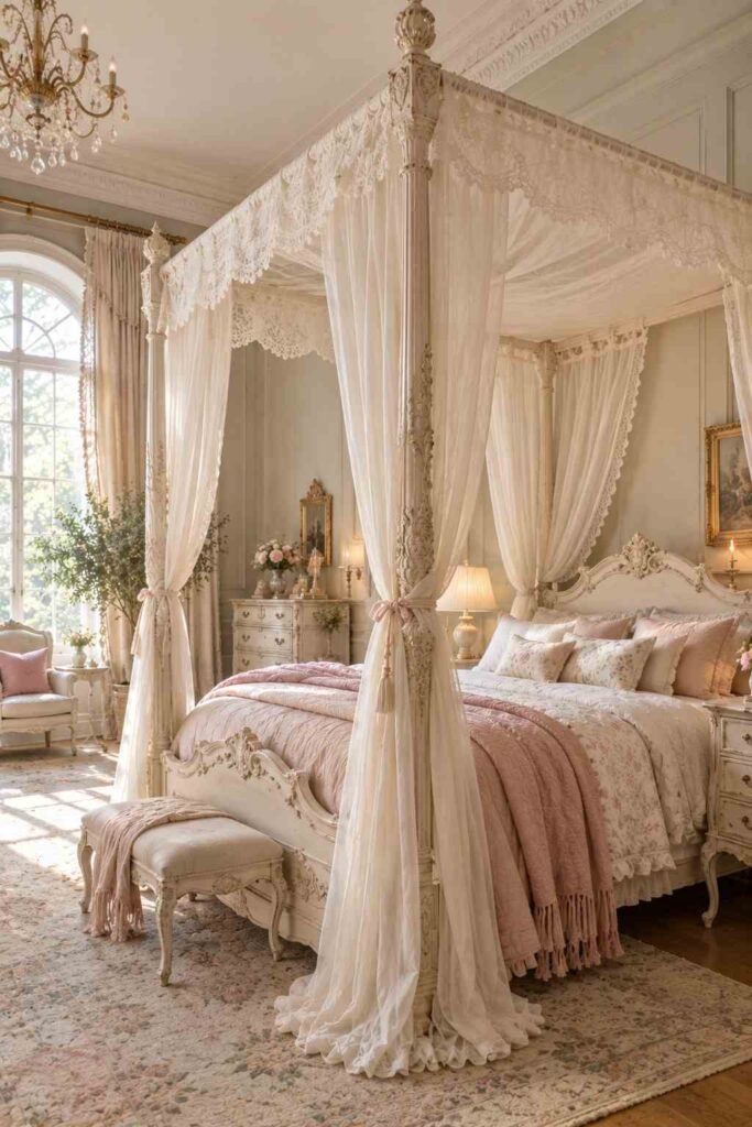 30 Canopy Bed Ideas for Princess Bedroom: Dreamy, Safe & Budget-Friendly 7 Carved ivory heirloom canopy bed with lace-trimmed drapes in a large girl's bedroom