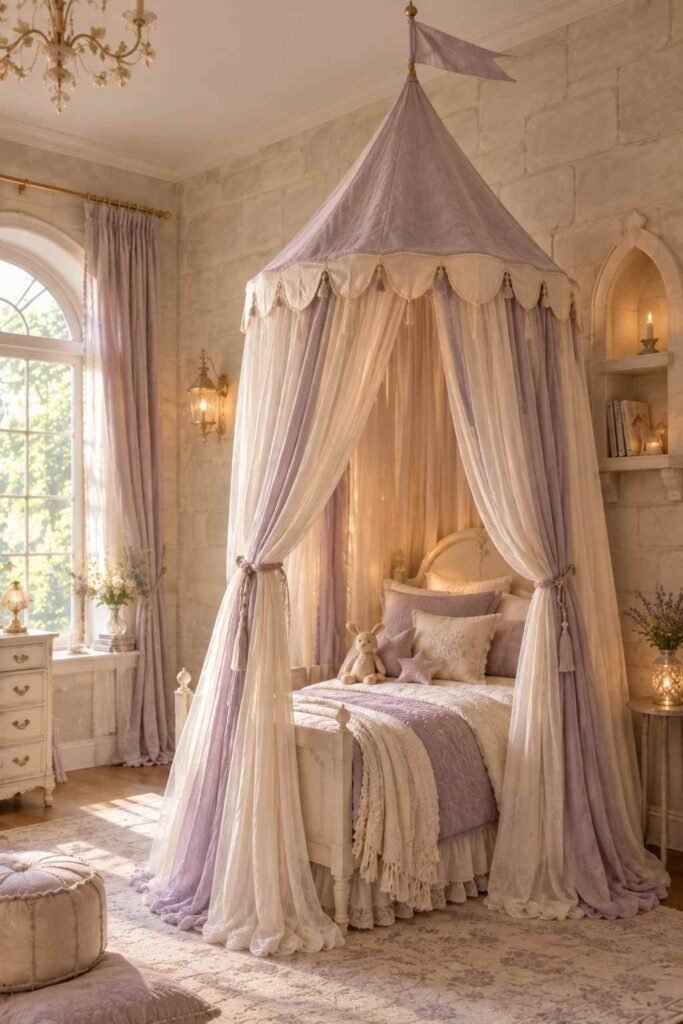 30 Canopy Bed Ideas for Princess Bedroom: Dreamy, Safe & Budget-Friendly 8 Castle turret canopy bed with lavender fabric in a fairytale princess bedroom