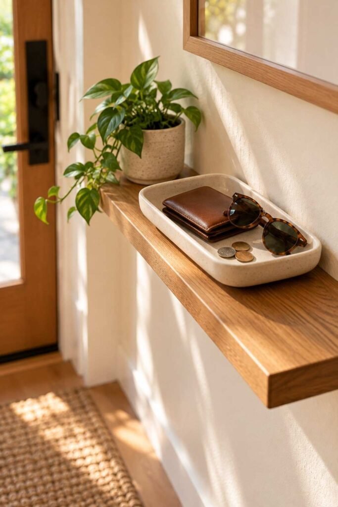 Shallow ceramic catch-all dish holding wallet, sunglasses and coins on an entryway shelf.