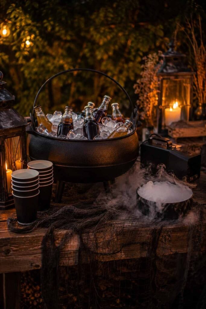 Black cauldron filled with ice and bottled drinks on a patio table with soft mist beside it.