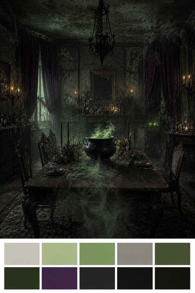 28 Halloween Party Decorations Scary Enough to Terrify Every Guest 14 Haunted dining room with a fog-filled cauldron in green and purple light, shown with a ten-swatch toxic green color palette strip.