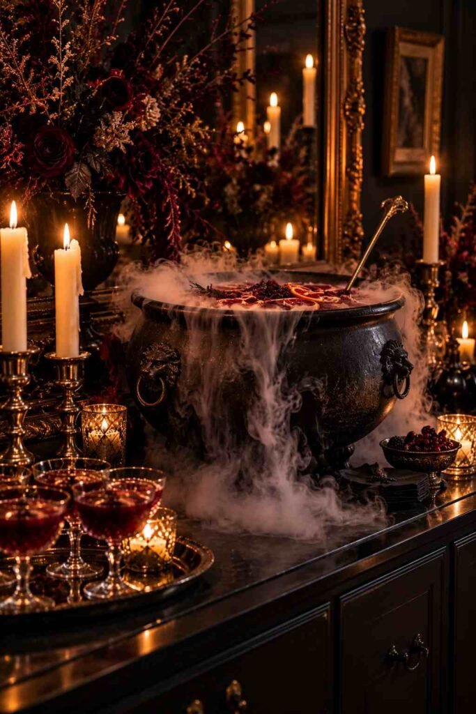 30 Halloween Party Decorations for Adults: Moody, Spooky, Stylish Ideas for Any Home 10 Cauldron punch bowl with soft fog on a buffet table at an adult Halloween party.