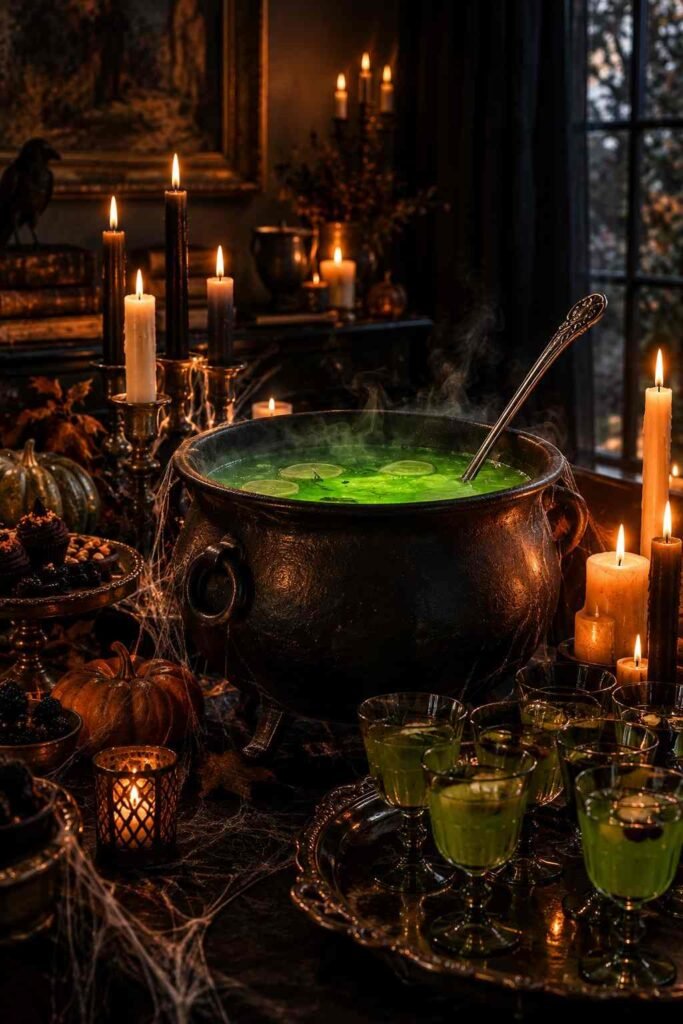28 Halloween Party Decorations Indoor: Spooky Ideas That Transform Any Room 8 Black cauldron holding a green punch bowl on a Halloween party table with candles