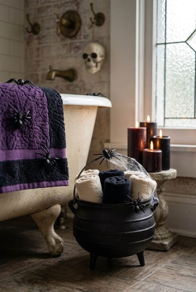 Black cauldron filled with rolled towels beside a bathtub for a Halloween bathroom